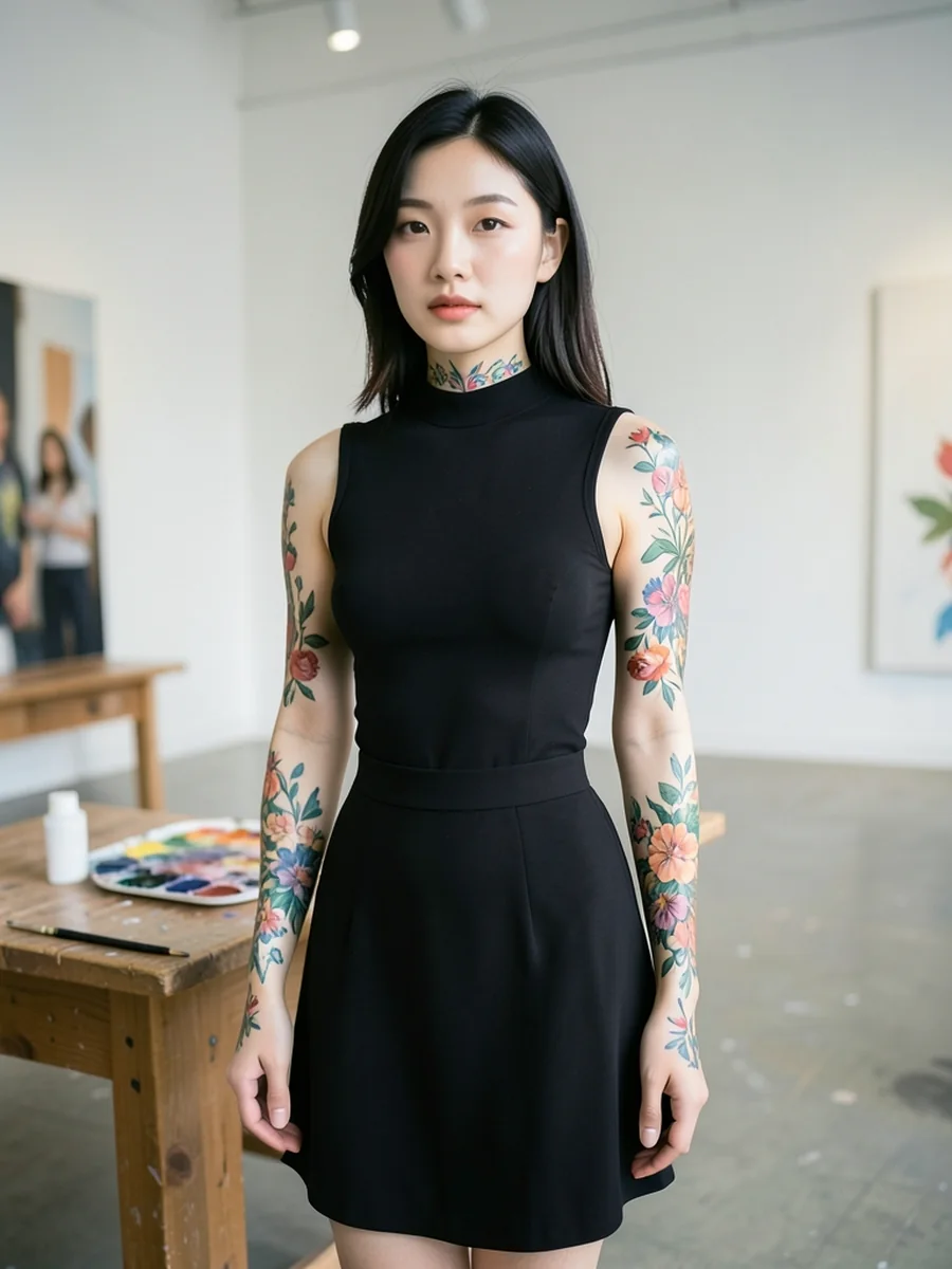 成年亚洲女性穿黑色连衣裙站在画室,双臂和颈部有花卉彩绘,旁边放着颜料盘。