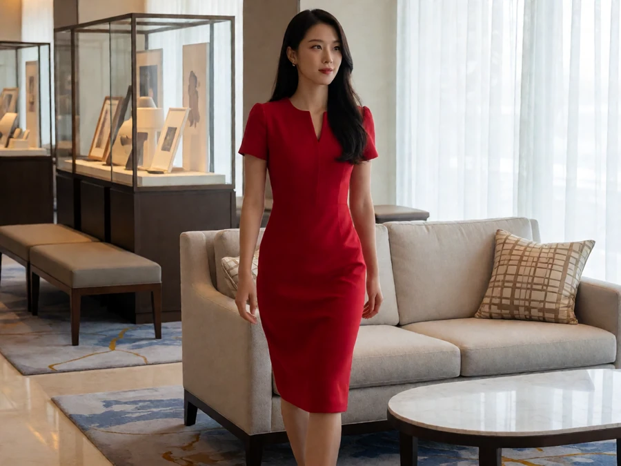成年亚洲女性穿酒红色连衣裙站在浅色酒店休息区,身后有沙发与陈列柜